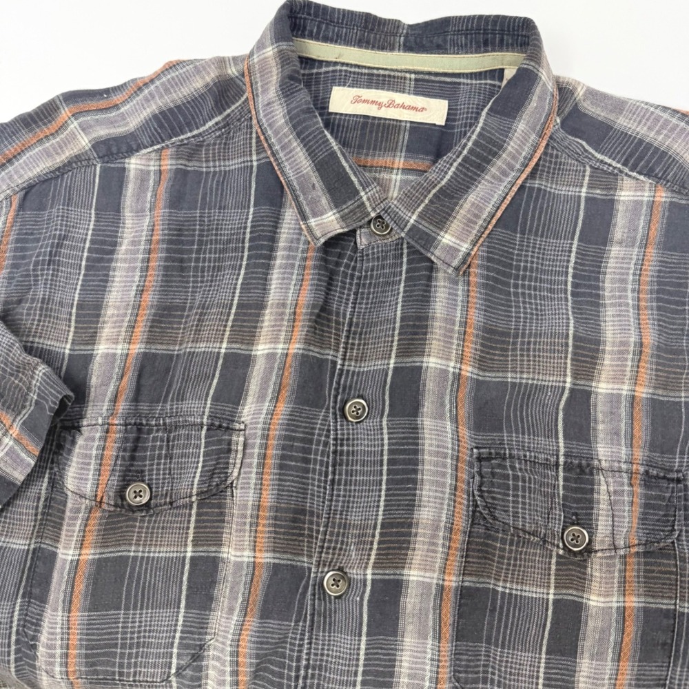 Tommy Bahama Mens XL Gray Orange Plaid 100% Linen Short Sleeve Button Up Shirt